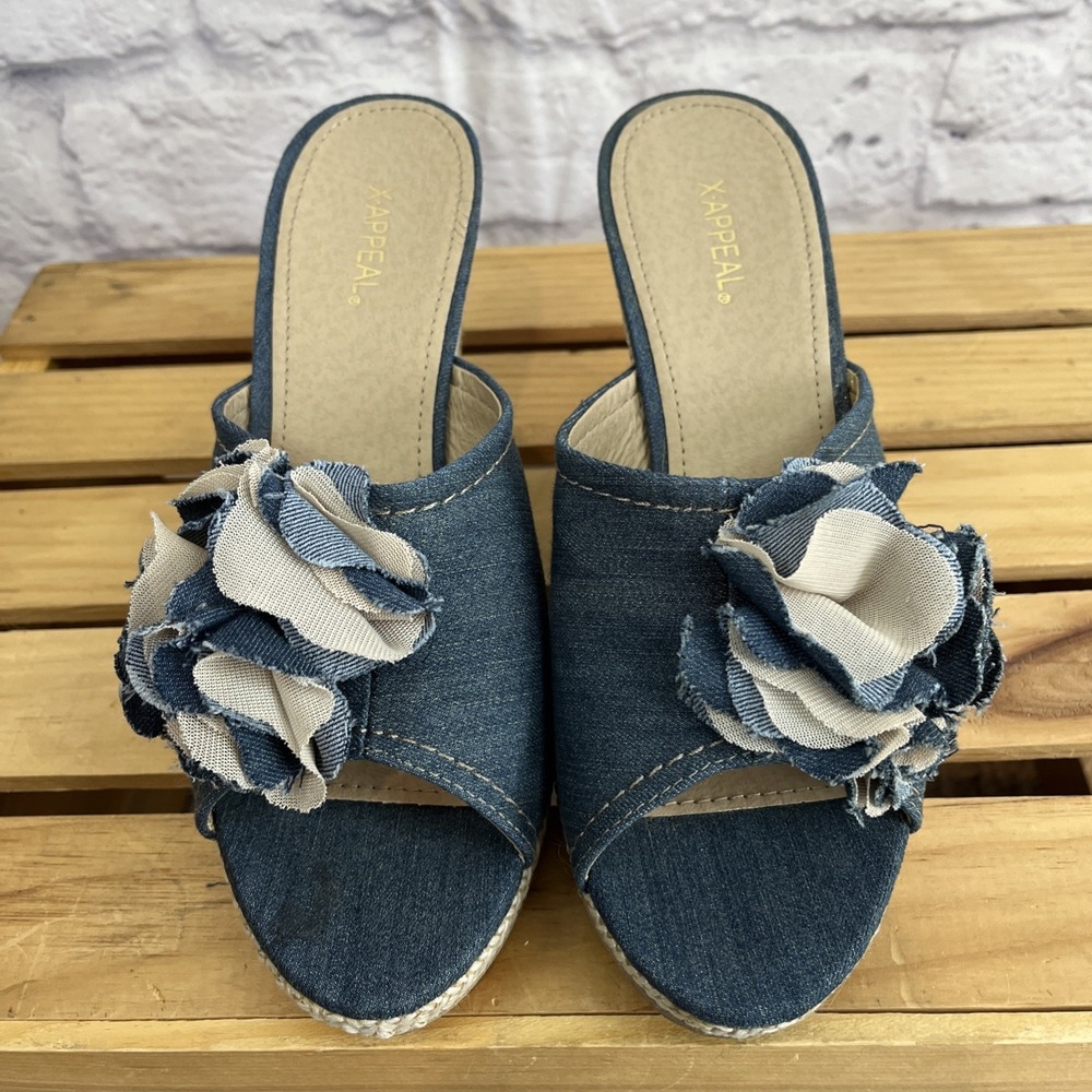 X-Appeal Women's Y2K Americana Boho Denim Wedge Floral Mules Sandals Size 10M